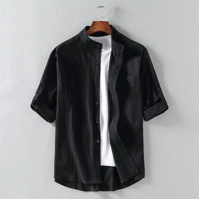Buddha Stones Summer Solid Men‘s Buttons Half Sleeve Cotton Linen Shirt