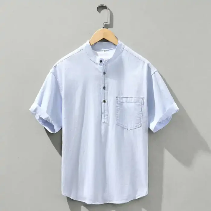 Buddha Stones Summer Solid Men‘s Half Button Short Sleeve Cotton Shirt