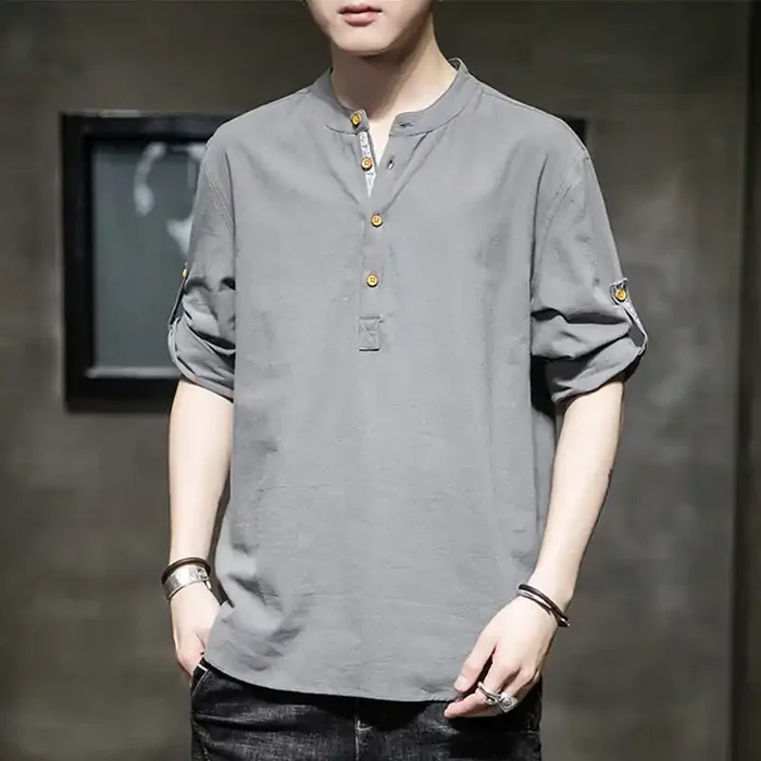 Buddha Stones Summer Solid Men‘s Half Buttons Half Sleeve Linen Shirt