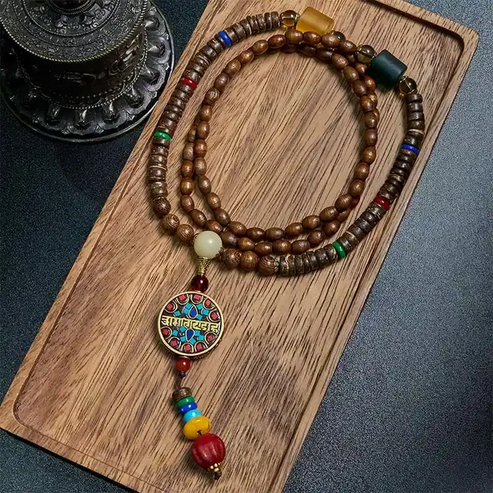 Buddha Stones Tibetan Handmade Coconut Shell Schima Wood Great Bright Mantra Copper Bead Balance Necklace Pendant