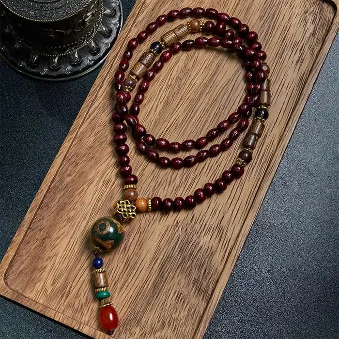 Buddha Stones Tibetan Handmade Wenge Wood Protection Dzi Bead Elephant Head Necklace Pendant