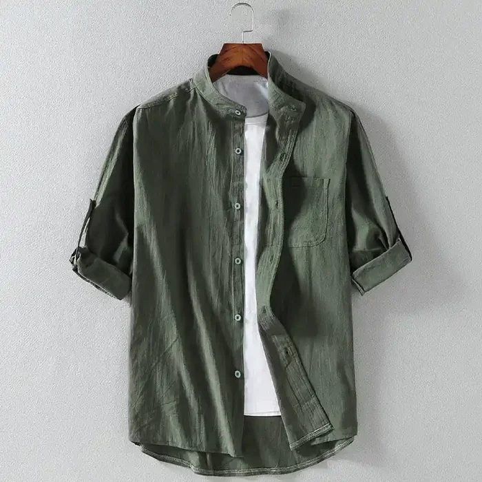 Buddha Stones Vintage Casual Plain Single Breasted Three Quarter Sleeve Men‘s Cotton Linen Shirt With Pocket