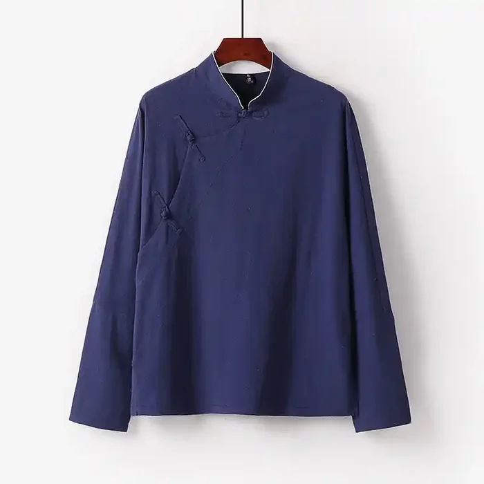 Buddha Stones Vintage Plain Chinese Frog-Button Cotton Long Sleeve Men‘s Shirt