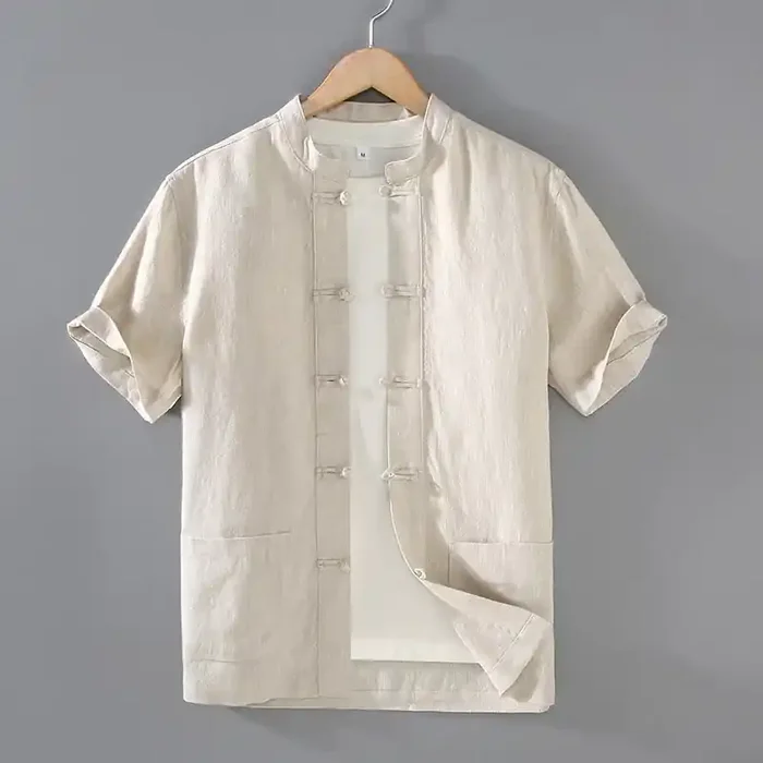 Buddha Stones Vintage Plain Tang Suit Chinese Frog-Button Cotton Linen Men‘s Shirt With Pockets
