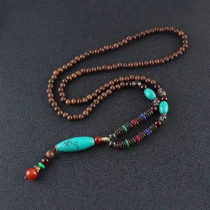 Buddha Stones Wenge Wood Turquoise Stone Protection Calm Necklace Pendant