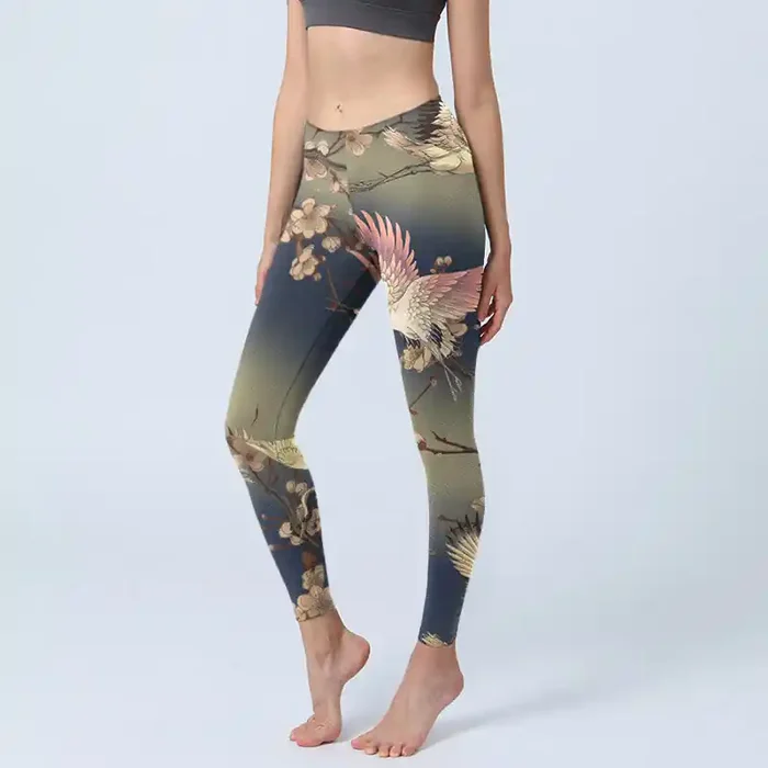 Buddha Stones White Crane White Blossoming Branch Print Gym Leggings Women‘s Yoga Pants