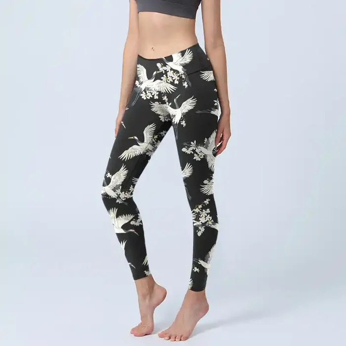 Buddha Stones White Cranes Blossoms Print Gym Leggings Women‘s Yoga Pants