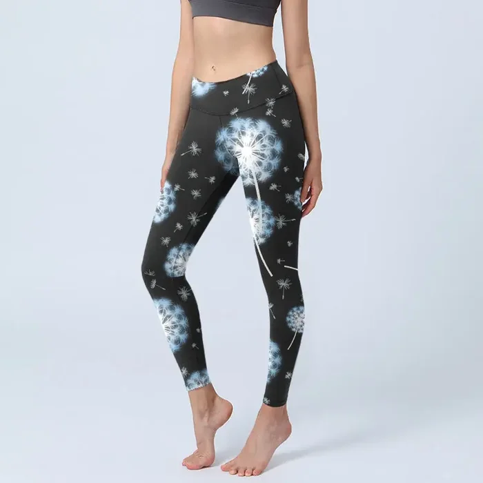 Buddha Stones White Dandelion Pattern Print Gym Leggings Women‘s Yoga Pants