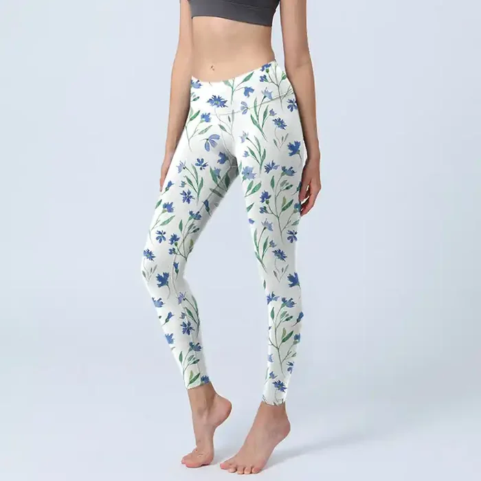 Buddha Stones White Flowers Leaf Pattern Print Gym Leggings Women‘s Yoga Pants