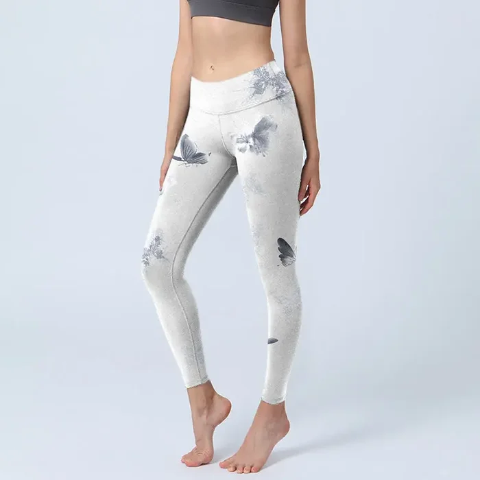 Buddha Stones White Gray Butterfly Print Sports Leggings Women‘s Yoga Pants