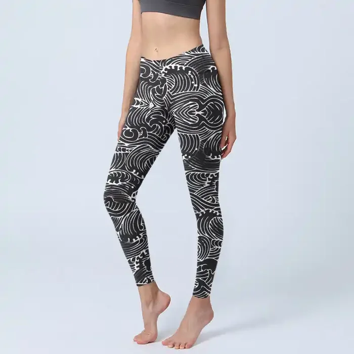 Buddha Stones White Line Waves Pattern Print Gym Leggings Women‘s Yoga Pants