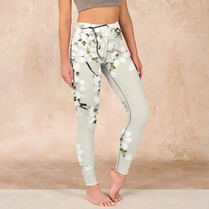 Buddha Stones White Magnolia Flower Print Sports Fitness Leggings Women‘s Yoga Pants