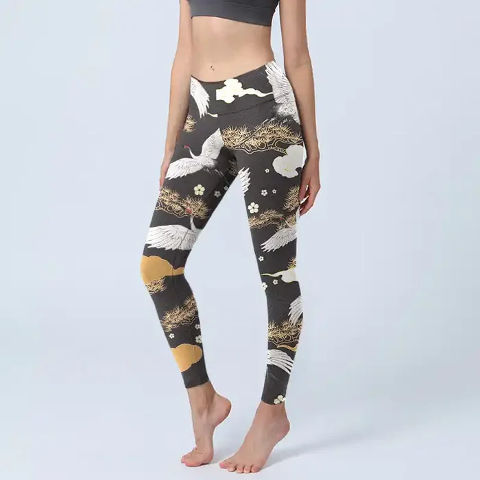 Buddha Stones White Red-crowned Cranes Golden Pine Trees Print Gym Leggings Women‘s Yoga Pants