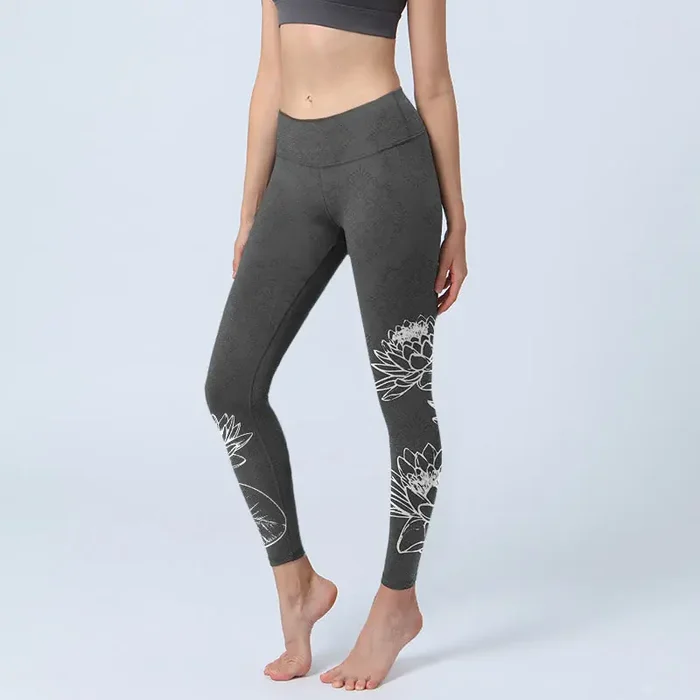 Buddha Stones White Sketch Lotus Flowers Leaves Print Gym Leggings Women‘s Yoga Pants