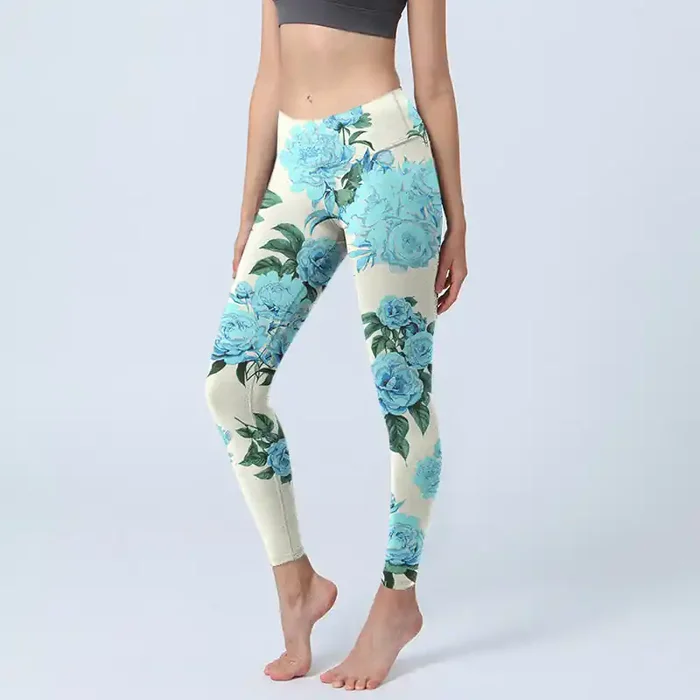 Buddha Stones White Stitching Peony Flowers Leaves Pattern Print Gym Leggings Women‘s Yoga Pants