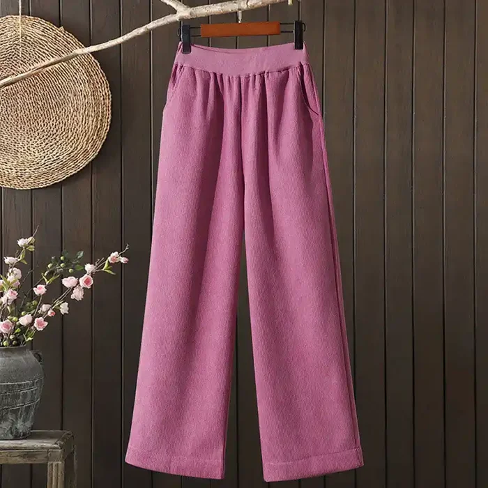 Buddha Stones Winter Women‘s Wide Leg Corduroy Cotton Thermal Fleece-Lined Pants With Pockets
