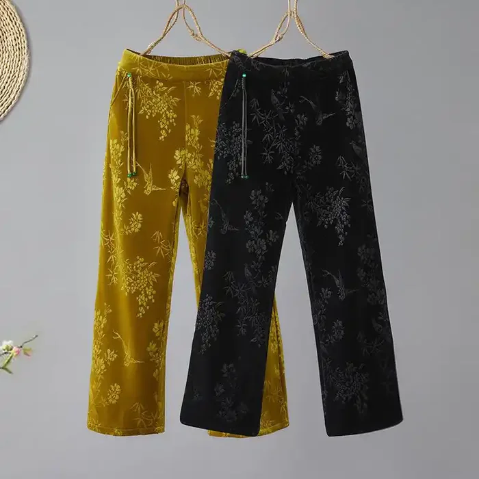 Buddha Stones Women‘s Jacquard High Waist Design Wide Leg Cotton Fleece-Lined Pants With Pockets