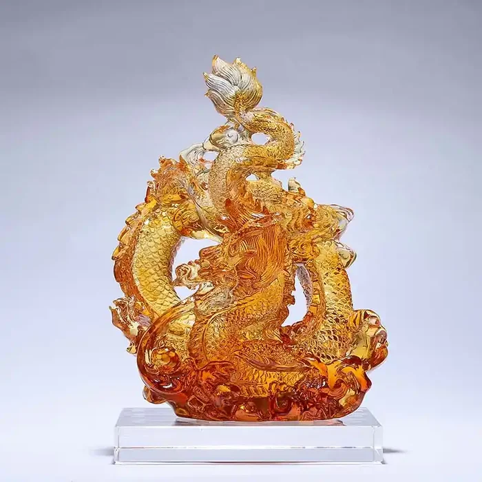 Buddha Stones Year of the Dragon Handmade Liuli Crystal Art Piece Protection Home Office Decoration With Base