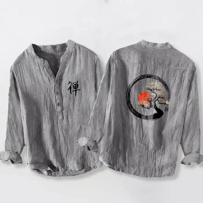 Buddha Stones Zen Character Pine Tree Sun Pattern Half Buttons Men‘s Cotton Linen Long Sleeve Shirt