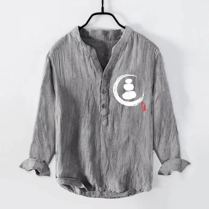 Buddha Stones Zen Stone Pattern Half Buttons Men‘s Cotton Linen Long Sleeve Shirt