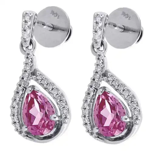 Diamond Teardrop Created Pink Sapphire Dangle Earrings 10K White Gold 3.20 Tcw
