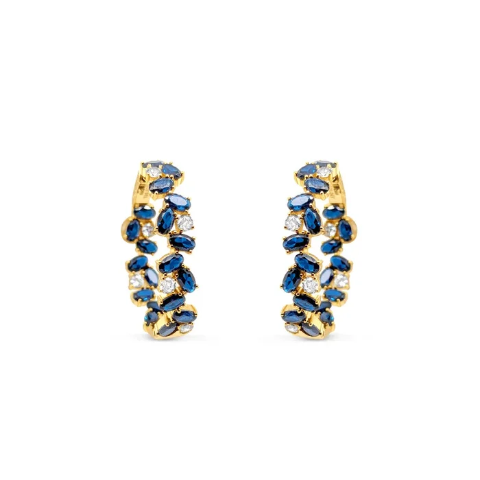 GOLD PLATED BLUE SAPPHIRE AND WHITE CZ HOOP EARRINGS