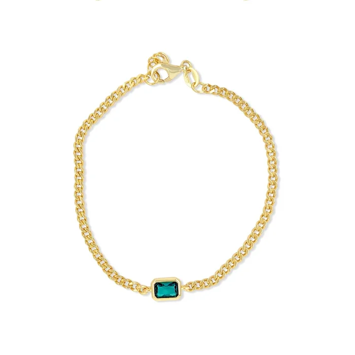 GOLD PLATED STERLING SILVER CUBAN CHAIN GREEN STONE IN CENTER BRACELET