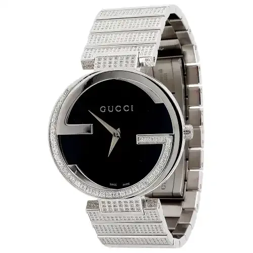 Gucci Diamond Watch GC YA133307 Ladies 37mm Interlocking Brushed Black Dial 3 ct