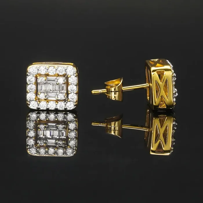 Helloice Square Baguette & Round Stones Stud Earring
