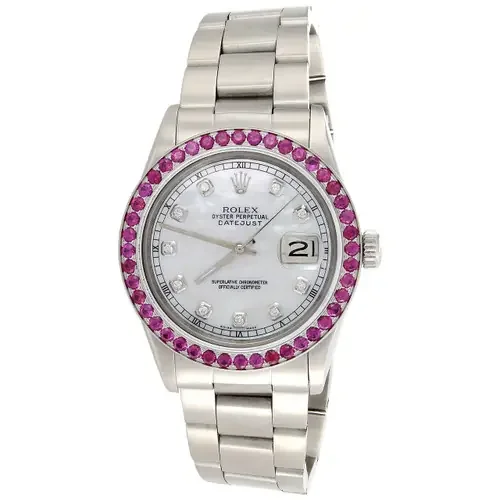 Men‘s 36mm Rolex DateJust Gemstone Ruby Bezel Watch MOP Dial 1601 3.08 CT.