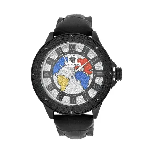 Men‘s Ice Mania IM3047 Genuine Diamond Black PVD World Map Dial Watch 0.08 CT.