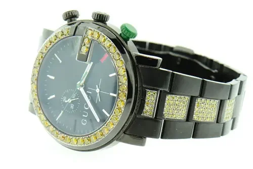 Mens Custom Gucci YA101331 Black PVD “G” Chrono Yellow Diamond Watch 6.50 ct.