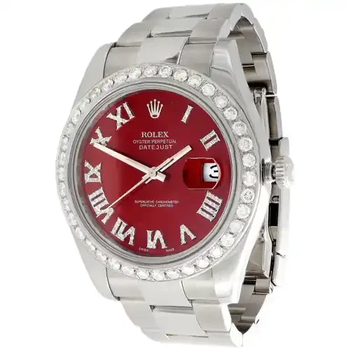 Mens DateJust II Rolex 116300 Diamond Watch 41mm Red Roman Numeral Dial 3 CT.