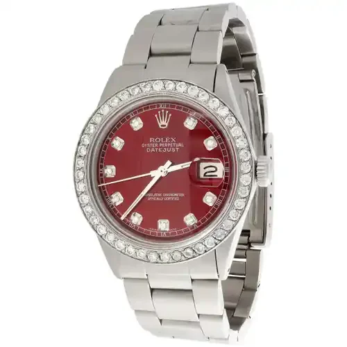 Mens Rolex 36mm DateJust 16014 Diamond Watch Oyster Band Custom Red Dial 2 CT.
