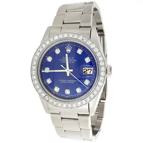 Mens Rolex 36mm DateJust 16014 Diamond Watch Oyster Band Glossy Blue Dial 2 CT.