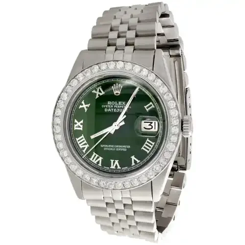 Mens Rolex 36mm DateJust Diamond Jubilee Watch Roman Numeral Green Dial 1.90 CT.