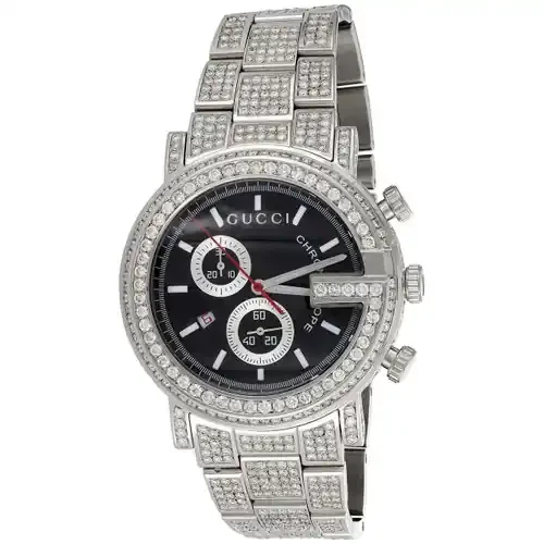 Mens Ya101309 Custom Diamond Gucci G-Watch Black Dial 44mm Chronograph 16.50 CT.