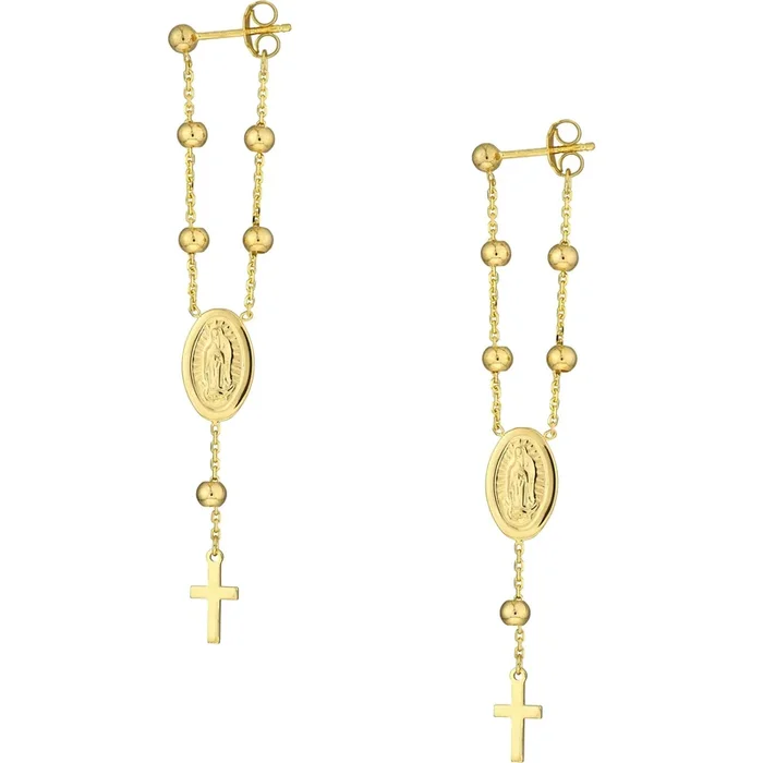 Olas d’Oro Earrings – 14K Yellow Gold Cross/Virgin Mary Front to Back Earrings