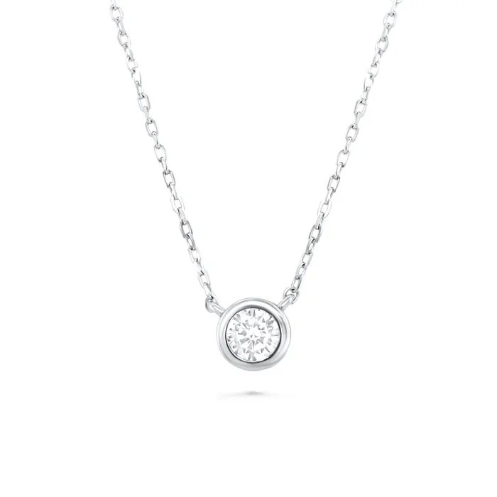 RHODIUM PLATED STERLING SILVER BEZEL SET ROUND CZ SOLITAIRE NECKLACE