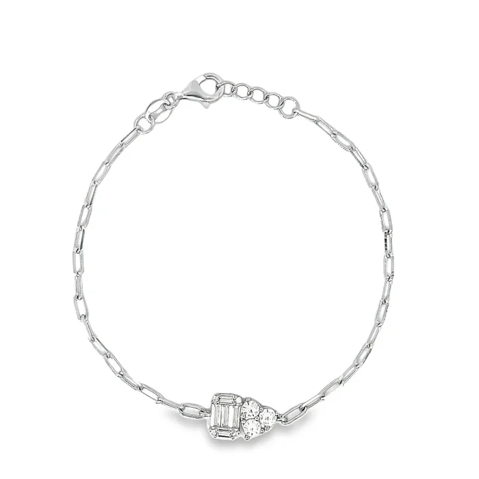 RHODIUM PLATED STERLING SILVER CZ CLUSTER PAPERCLIP LINK BRACELET