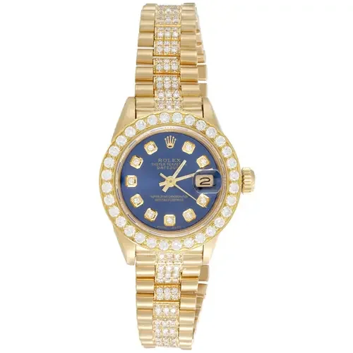 Rolex 18K Gold 26mm President DateJust 69178 VS Diamond Watch Blue Dial 3.70 CT.