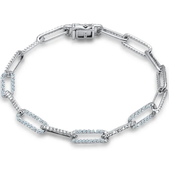 SPECIAL! 1.42ct G SI 14K White Gold Diamond & Aquamarine Gemstone Paper Clip Bracelet 7″ Long