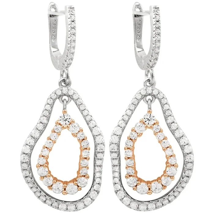 STERLING SILVER AND CZ TWO TONE DANGLE OVAL EARRING