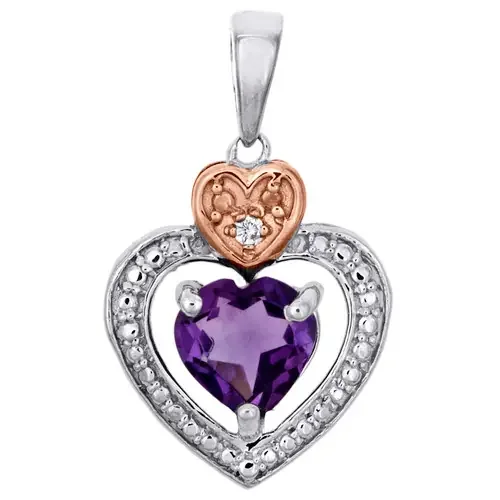 Sterling Silver Created Amethyst Round Diamond Double Heart Pendant Charm 3/4 CT