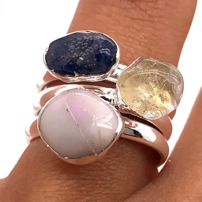 Three Raw Agate Gemstone in electroformed Silver Plated Ring BR 628