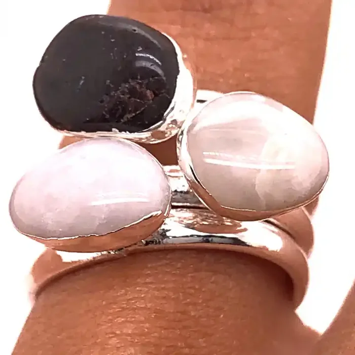 Three Raw Agate Gemstone in electroformed Silver Plated Ring BR 630
