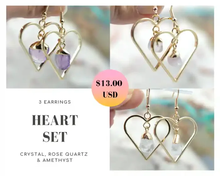 Three Tumbled beautiful gemstone Heart shape earrings Set BR174