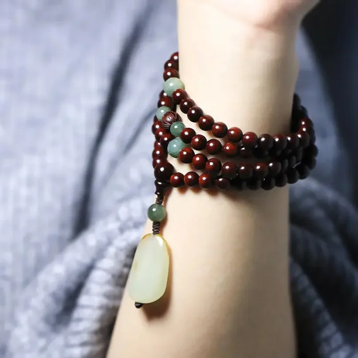 Tibetan Small Leaf Red Sandalwood Jade Mala Meditation Bracelet (Extra 30% Off USE CODE FS30)