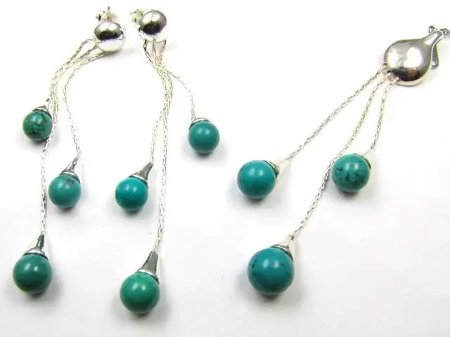 TURQUOISE SILVER LONG PENDANT AND EARRINGS SET AAT 1414