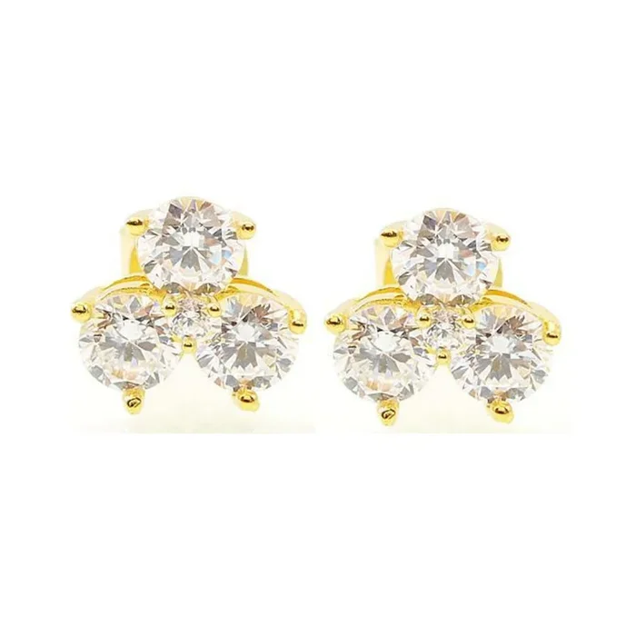 YELLOW GOLD PLATED STERLING SILVER AND CZ 3 STONE CLUSTER STUD EARRINGS